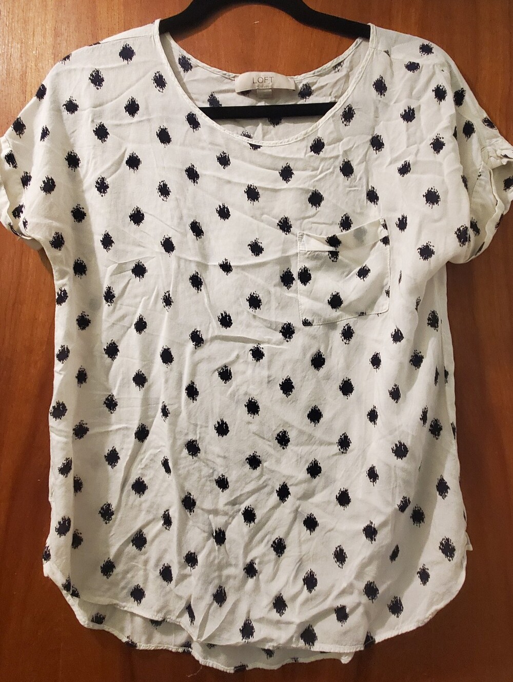 LOFT White Short-Sleeve Blouse with Navy Dot Motif